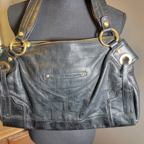 B MAKOWSKY BLACK PEBBLED LEATHER SATCHEL WITH GOLD CHUNKY HARDWARE - Picture 2 of 10